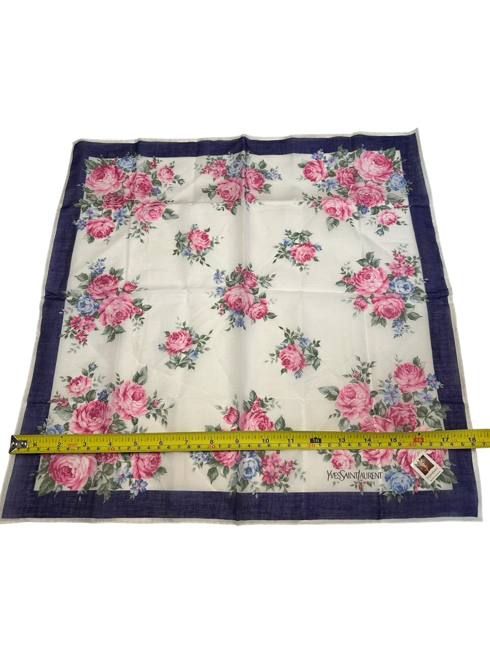 Yves Saint Laurent NWOT 100% Silk Pink and Blue Floral Print Neckerchief - Picture 7 of 8